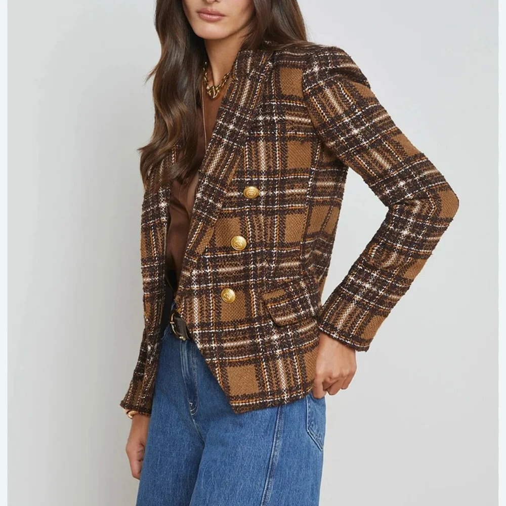 L'AGENCE Kenzie Plaid Tweed Double-Breasted Blazer in Brown / Gold Size 6 - Picture 2 of 15